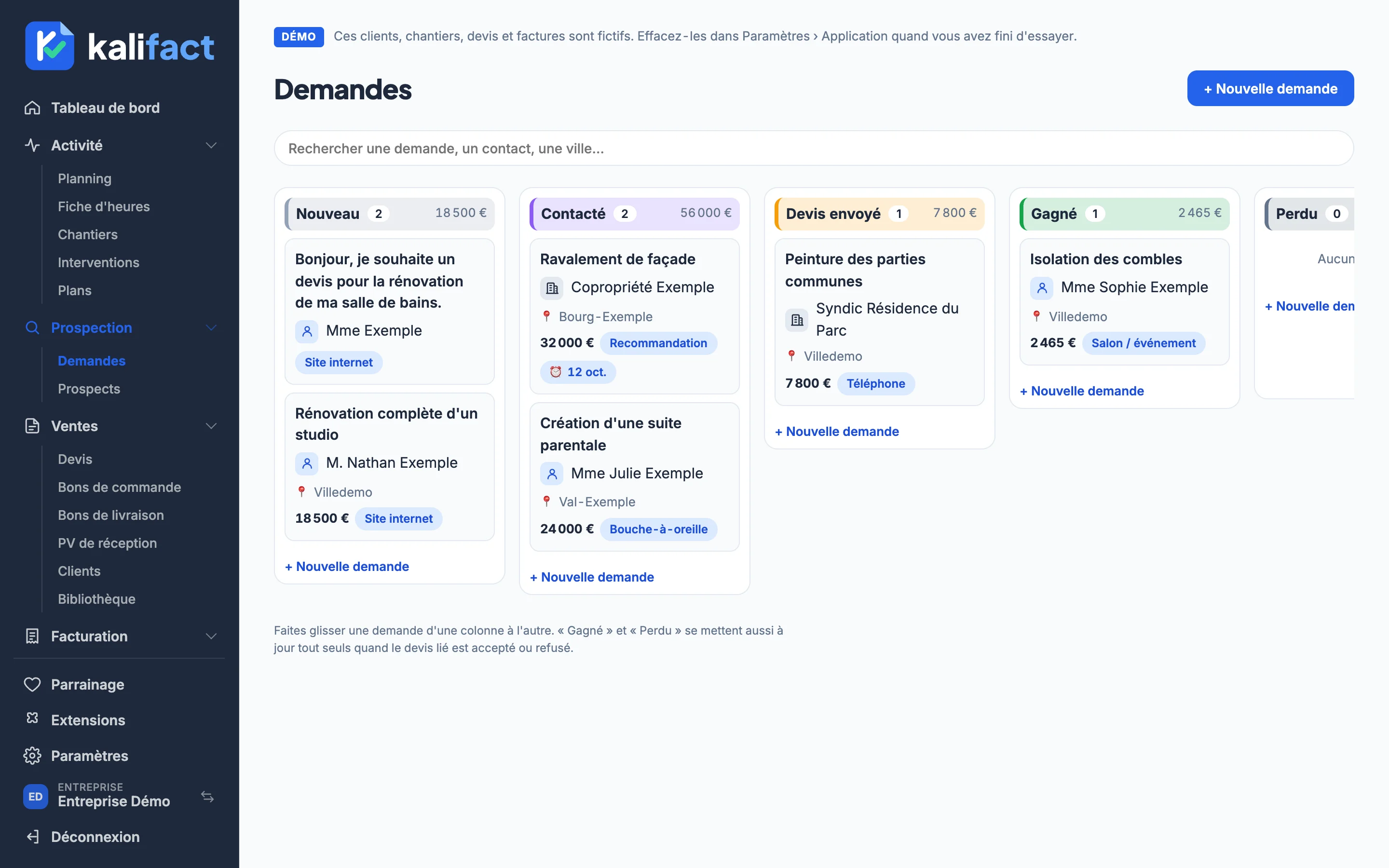 Tableau des demandes en colonnes : nouveau, contacté, devis envoyé, gagné (données de démonstration)