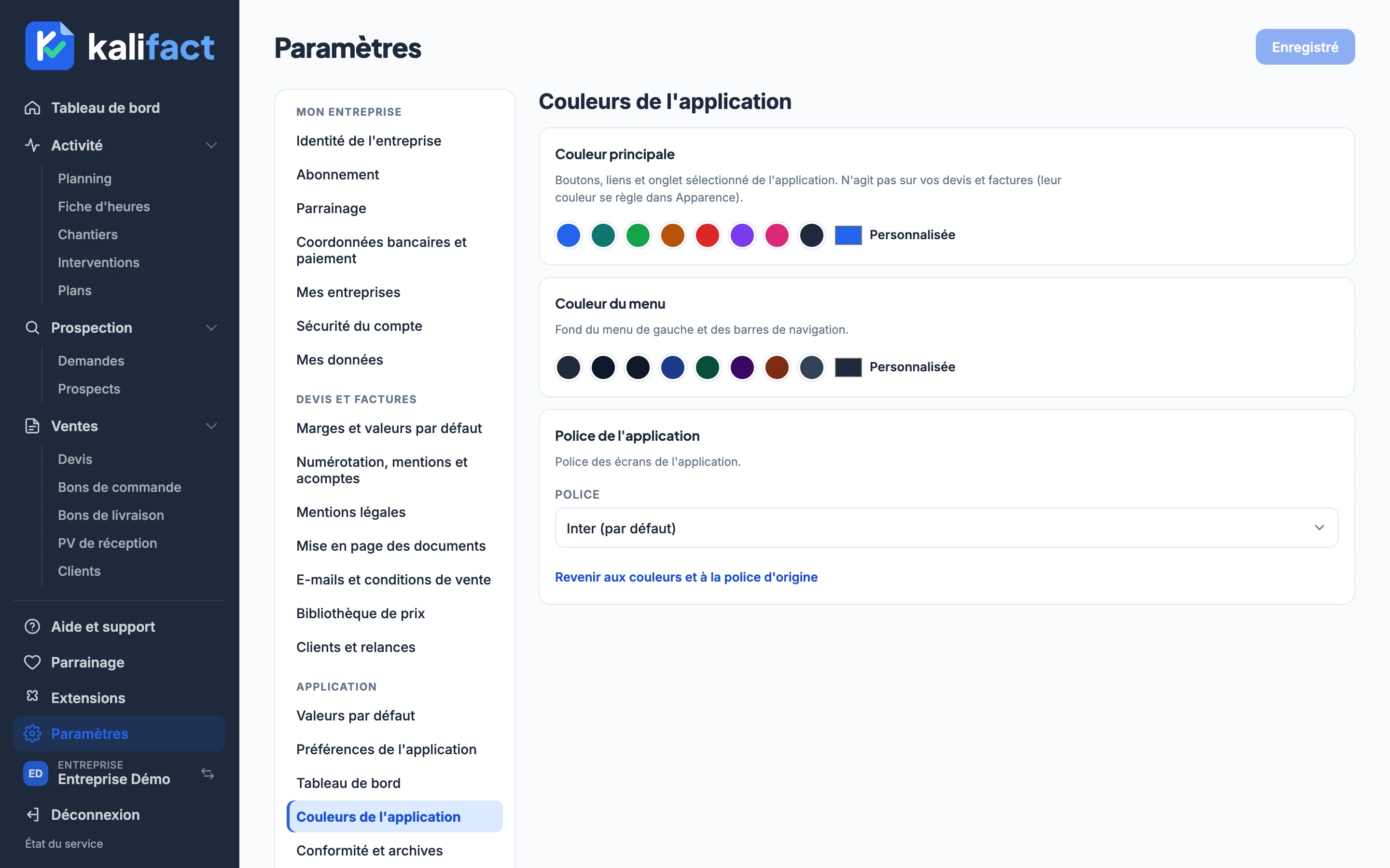 Aperçu de l'écran Apparence de l'application
